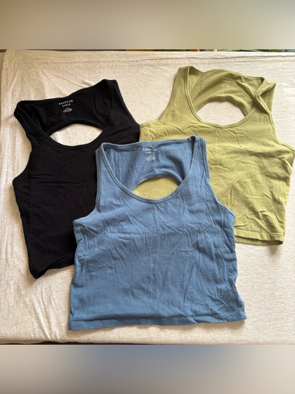 American Eagle Halter Crop Top 3-Pack L Cutout Black Blue Olive